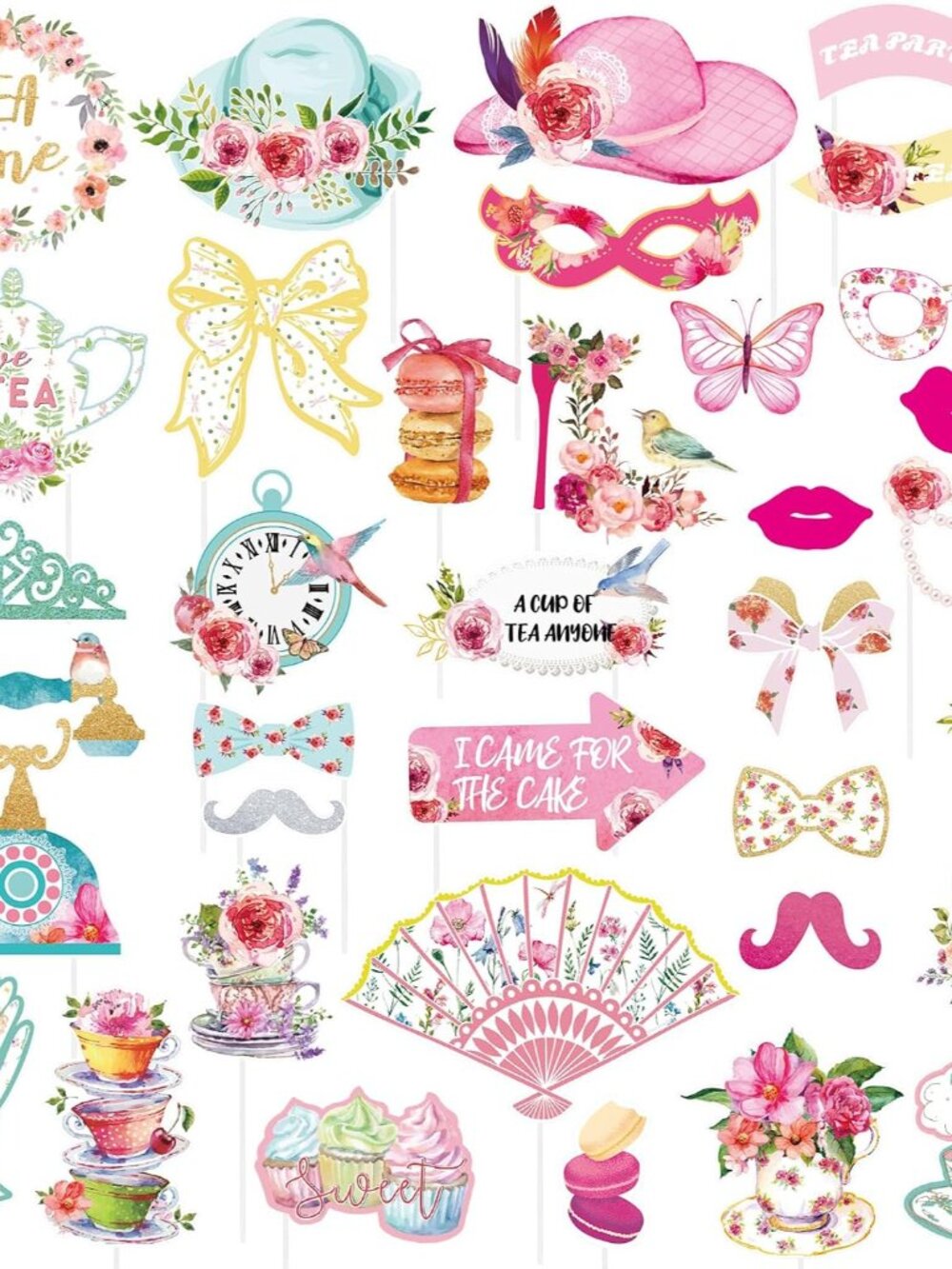 36 Pcs Tea Party Photo Booth Props - Pink, White, Green - Floral Pattern - Paper